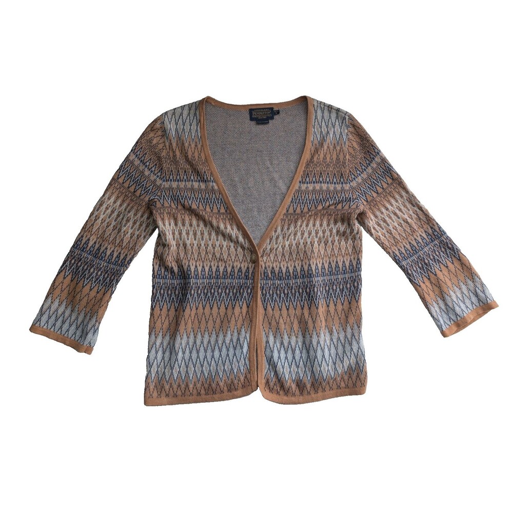 Pendleton Petite P Linen Cotton Geometric Cardigan Sweater Brown Gray Boho